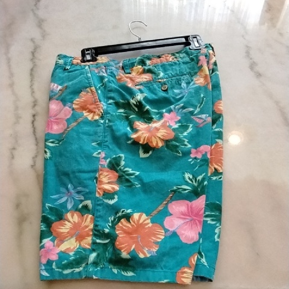 Men's Teal Tropical Floral Flat Front Shorts
